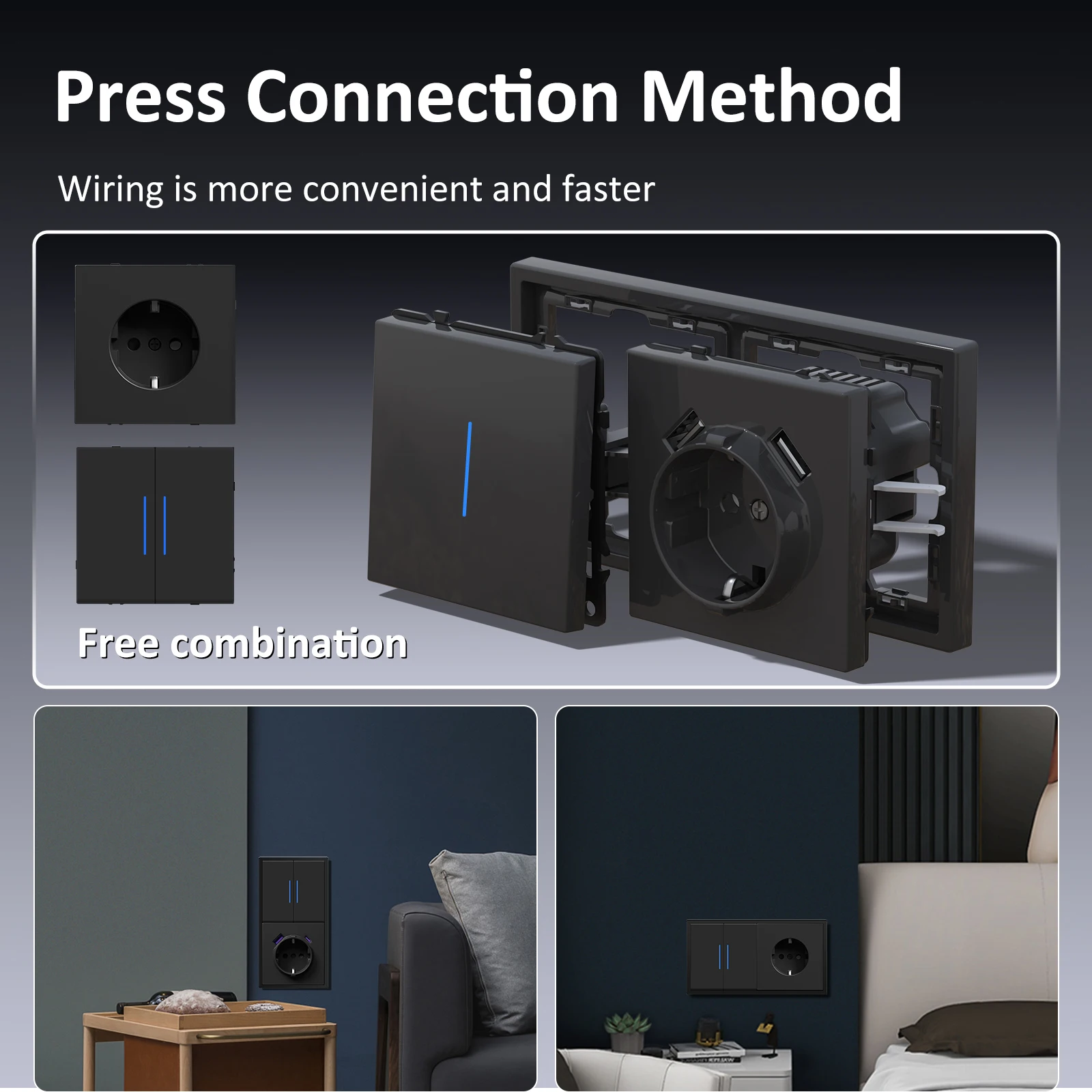 Фото BSEED 1/2Gang настенный выключатель USB Type-C, разъем модуля, часть интернет-телевизора, телефонная розетка, пластиковая рамка, бесплатная комбинация №2