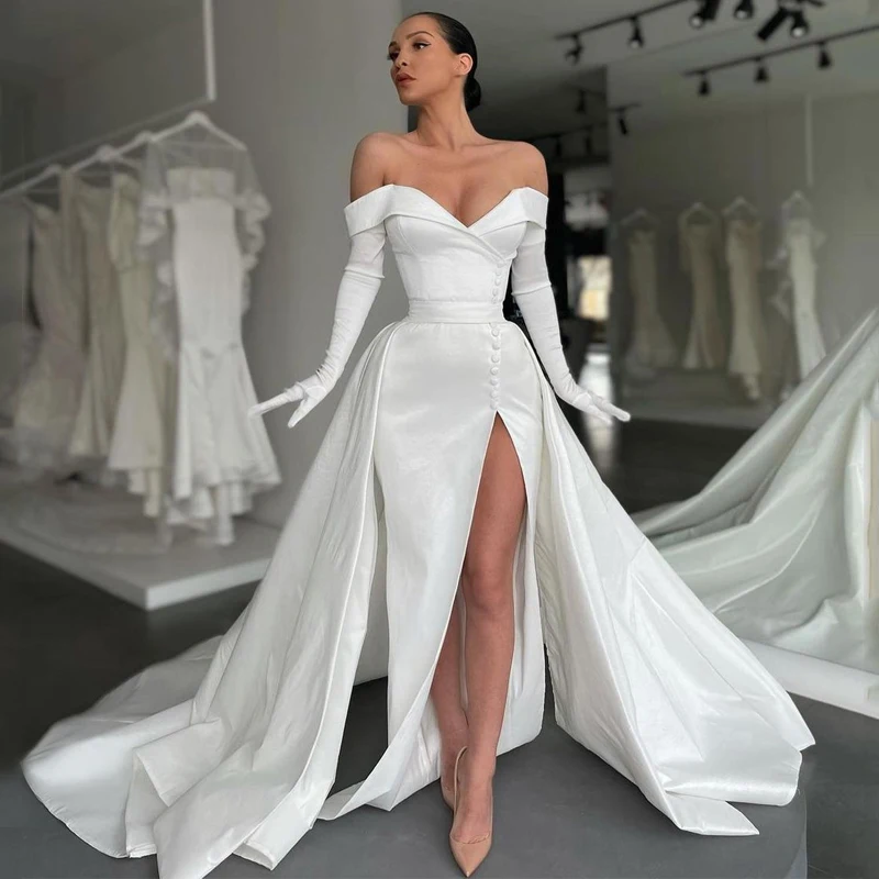 V-Neck Off Shoulder Slit Detachable Skirt Buttons Lace Up Satin A-Line Wedding Dress 2022 Bridal Gowns Vestido De Noiva