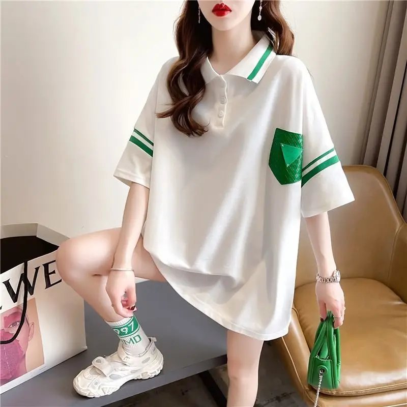 

DUOFAN Lapel Short Sleeve T-shirts Women 2023 Summer New Contrast Panel Design Tshirts Loose Versatile Casual Mid Length Tops