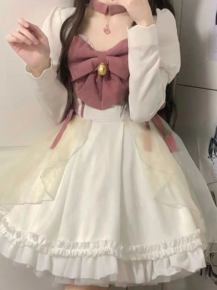 

Sweet Lolita Party Mini Dresses Women Japanese Princess Cute Kawaii Fairy Dresses Lace Pleated Ruffle Bow Vestido