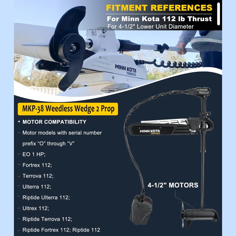 Фото Винт MKP-38 Weedless Wedge 2 для троллинговых моторов Minn Kota с тягой 112 фунтов, диаметром 4-1/2 дюйма, артикулы 1865023, 2341160, 1378160. №3