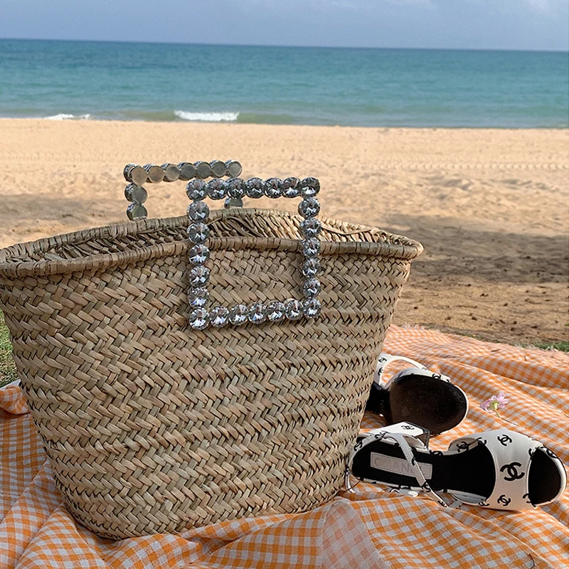 

Designer Handmade Full Diamond Handbag Natural Straw Tote Bags for Women Luxury Designer Handbag Large Shoulder Bag Women