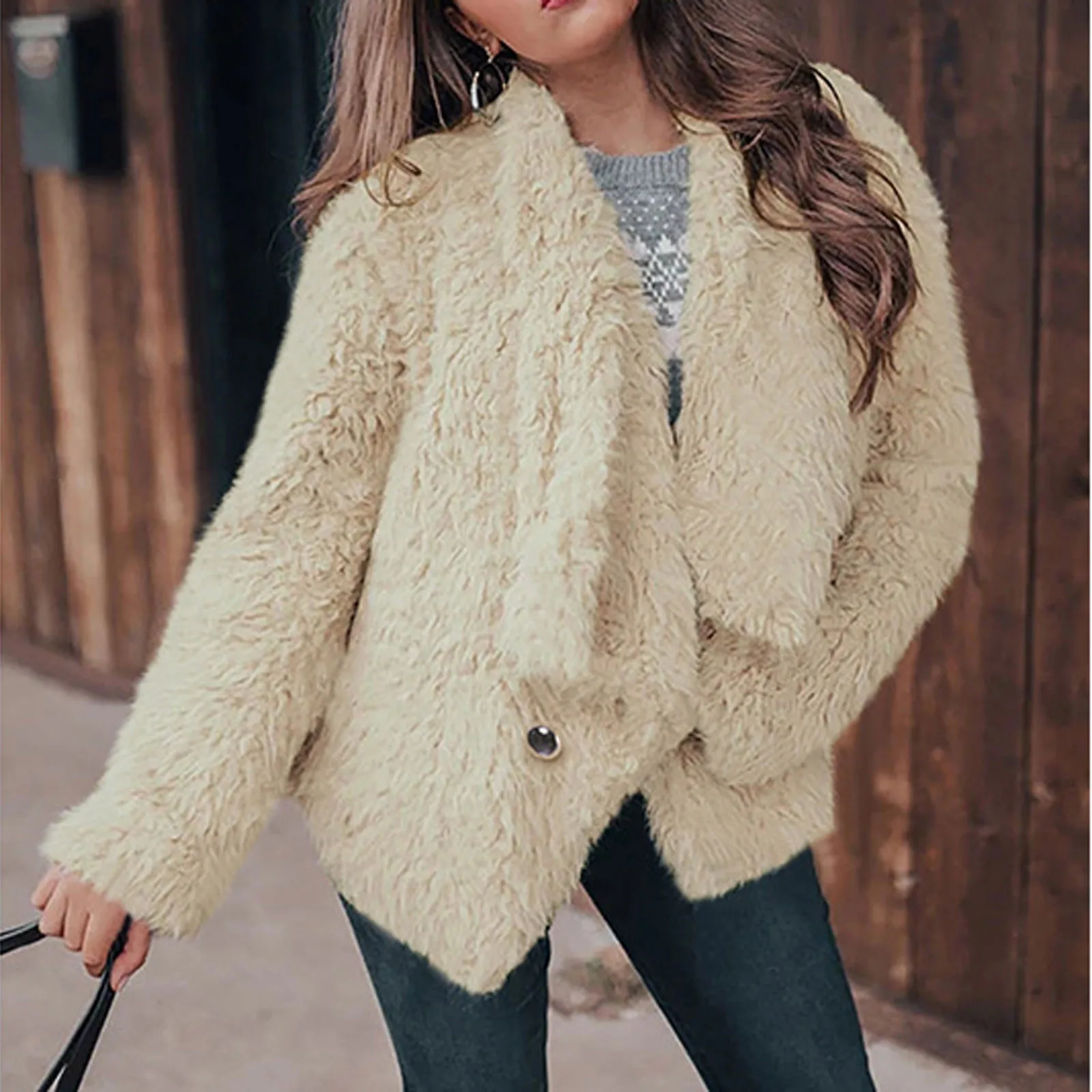 Solid Color Teddy Jacket Thick Faux Fur lapel Collar Plush Overcoat Jackets Women Button Casual Warm Outerwear Tweed Coat mujer
