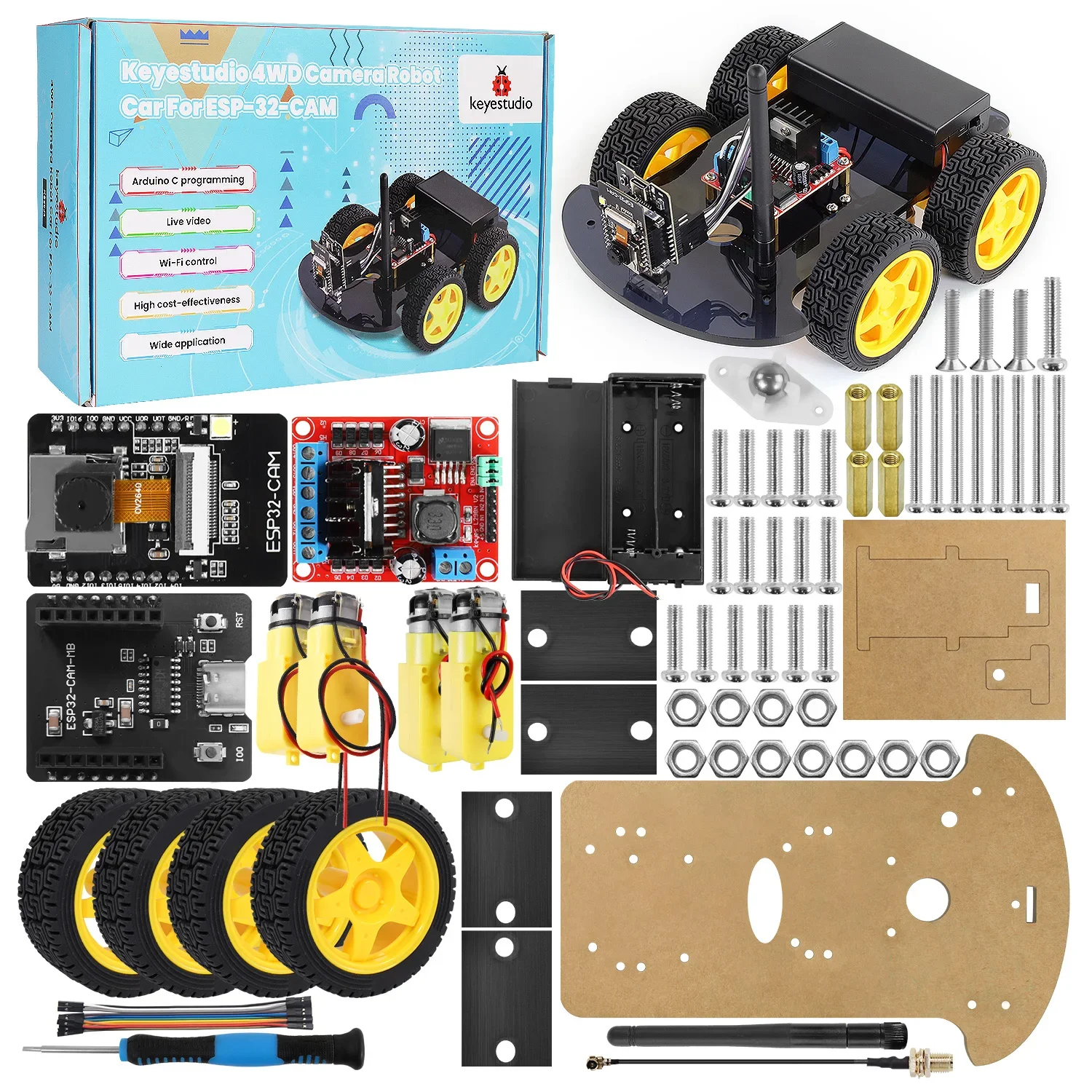 Фото Новый программируемый робот-автомобиль RoRuSNEW Keyestudio 4WD&2WD ESP32-Cam с Wi-Fi камерой для проектов Arduino ESP32 №2