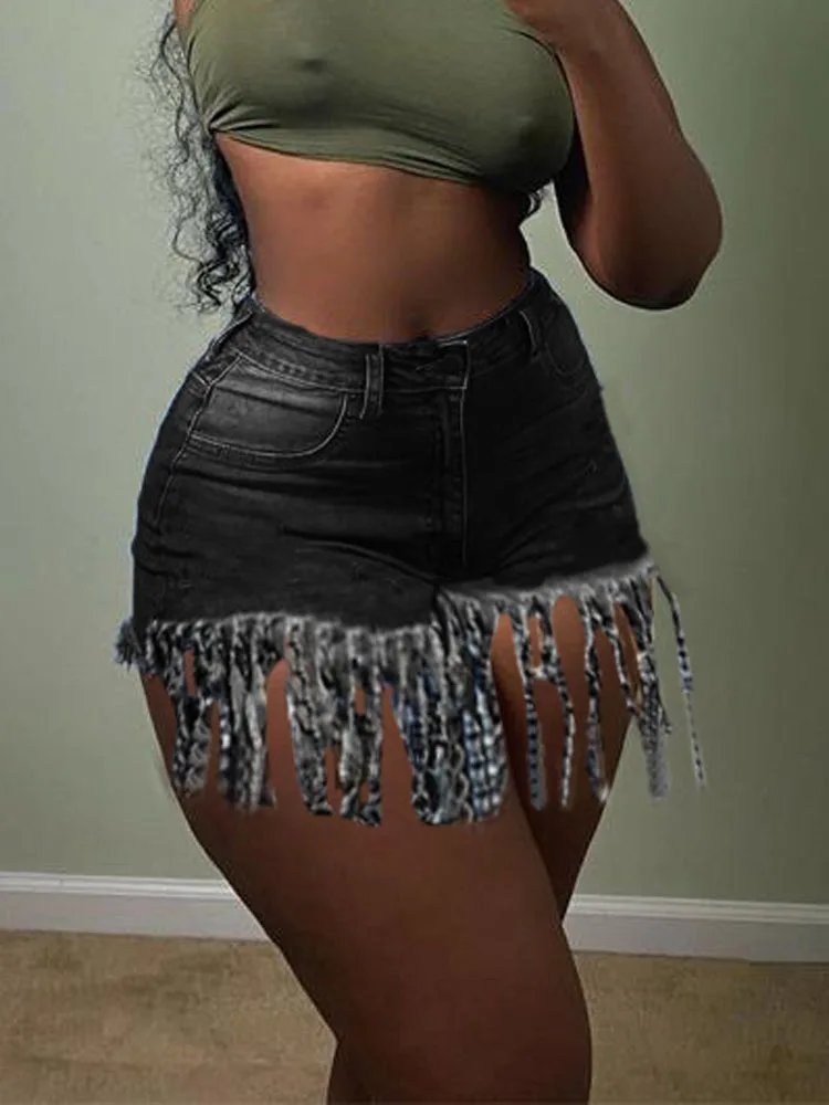 Black Tassel Summer Sexy Women Denim Shorts Stretch Slim Streetwear Jeans Shorts Solid Color Fringe Short Jeans for Woman