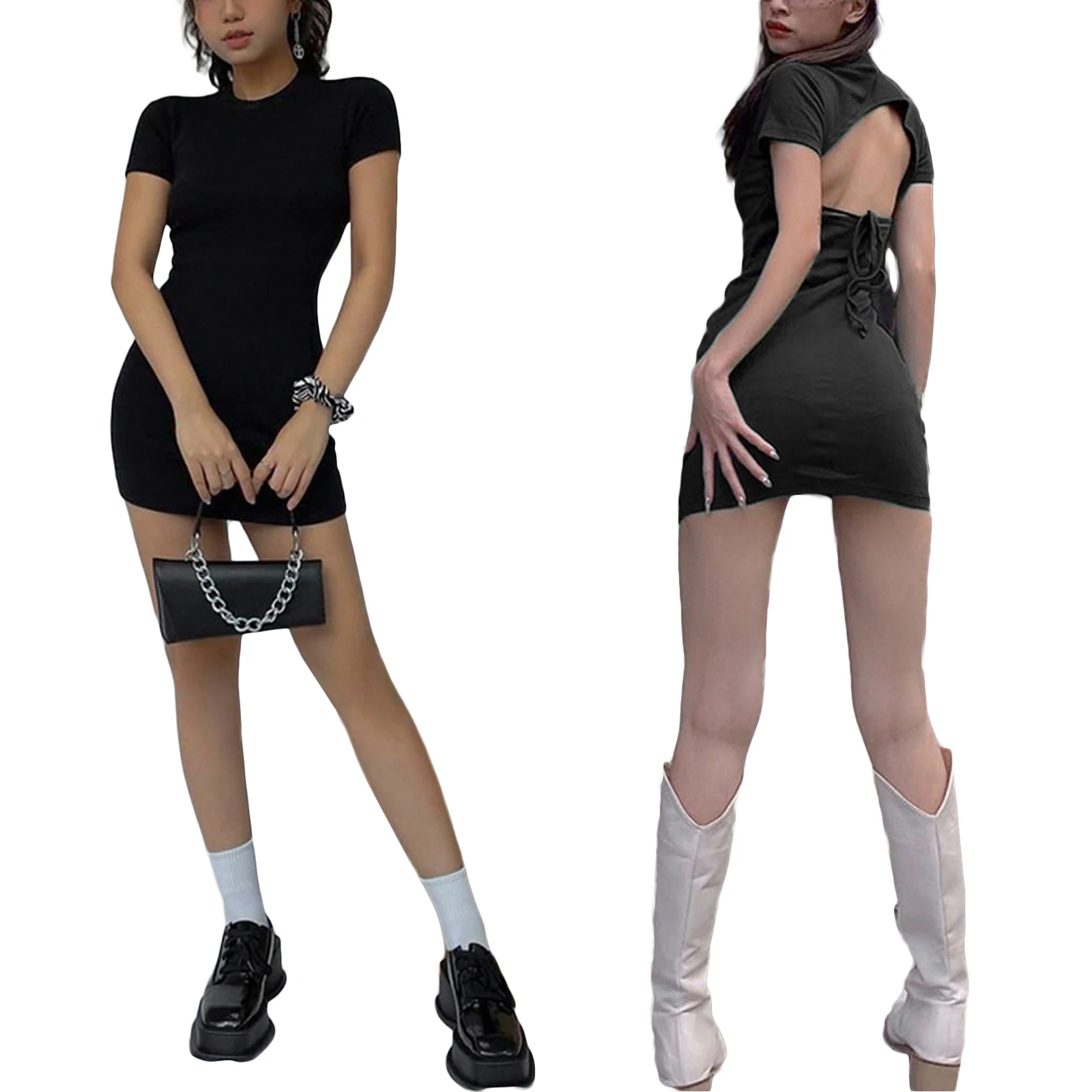 

Sexy Back Hollow Out Mini Dress Solid Color Fashion Short Sleeve O-Neck Street Style Wild Slim Summer Women Dress