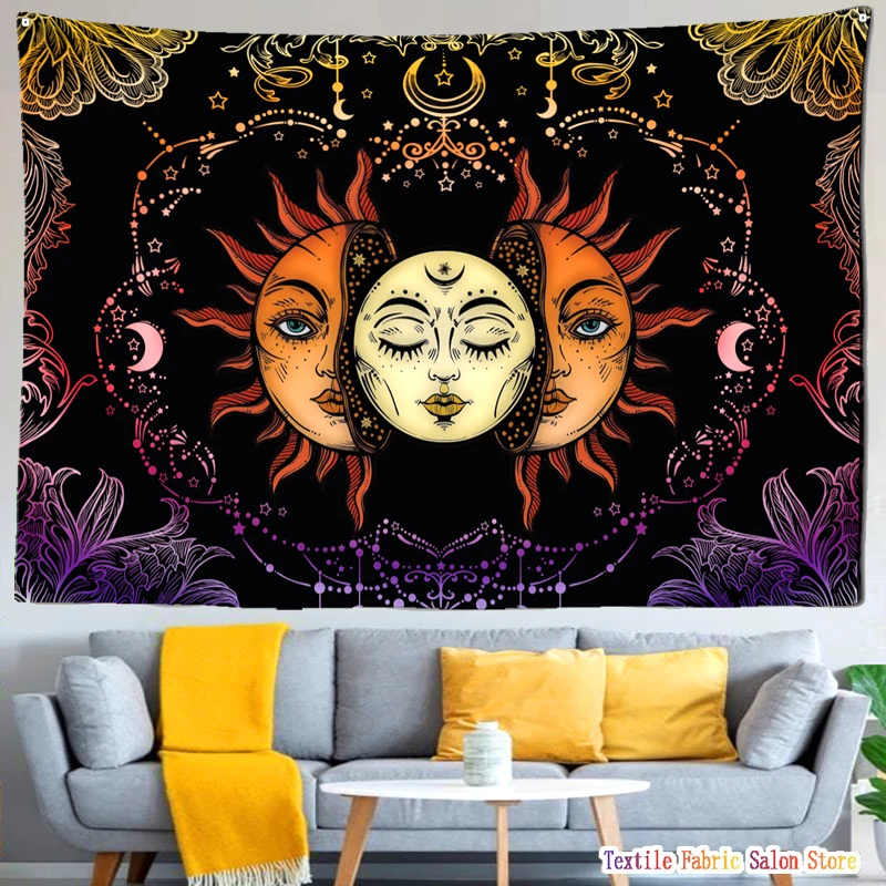 Черно-белый гобелен в стиле Триппи гриб Бабочка солнце луна небесные звезды