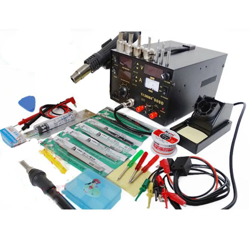 110V  Saike 909D 3 in 1 Heat Air Gun Solder Iron Soldering Station+Power Supply