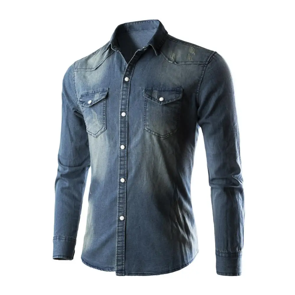 Long Fashion Sleeve Slim Fit Lapel Collar Pockets Denim Shirt Casual Men\'s Top