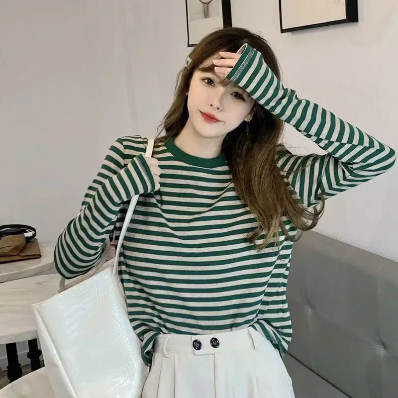 

Spring 2023 New Large Women'S Stripe Long Sleeve T-Shirt Student'S Autumn Western Style Versatile Undercoat Slouchy Style Top