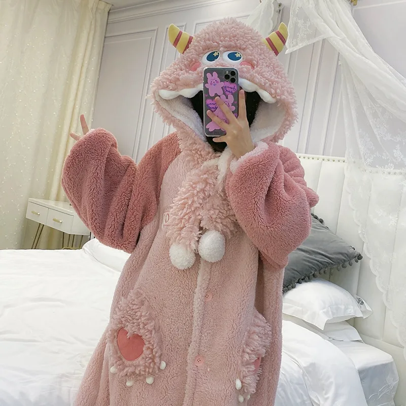 Women Sleepwear Winter Plush Pajamas Cartoon Hooded Coral Velvet Nightgown Loose Flannel Sleepdress Anime Cosplay Robe Nightwear