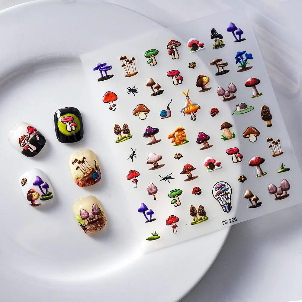 5D наклейка в виде грибов для ногтей Kawaii рельефная французский слайдер клейкий