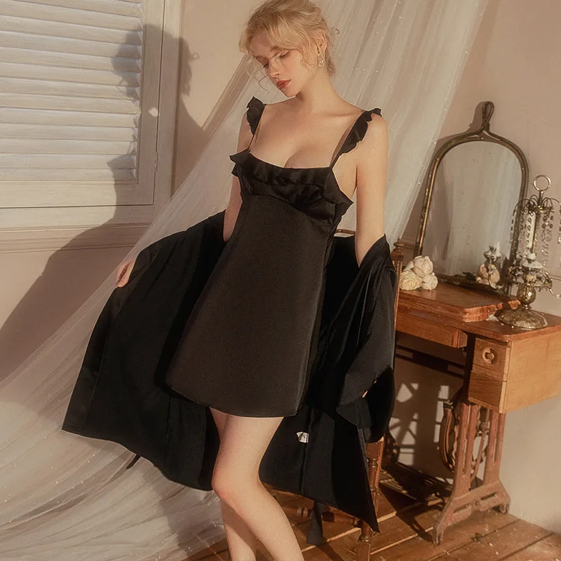 

Summer Female Ruffles Nighty&Robe Set Women Bathrobe Gown Nightgown Suit Lingerie Satin Kimono Sleepwear Home Dress Loungewear
