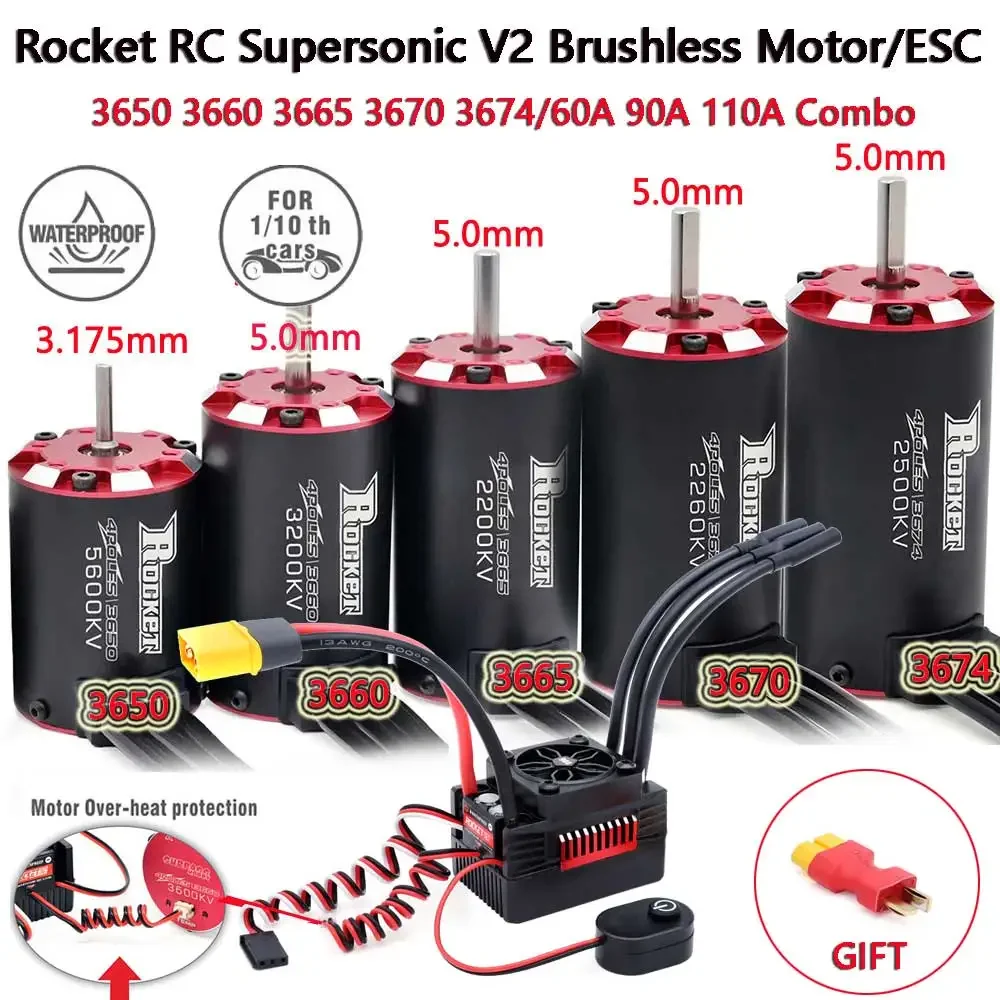 Фото Бесщеточный двигатель UniFlyROCKET RC Supersonic V2 3650 3660 3665 3670 3674 с датчиком температуры и комбо-контроллером ESC 60A/90A/110A для радиоуправляемых моделей 1/8 и 1/10 №2