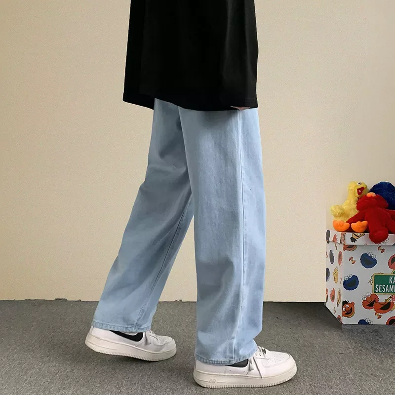 2022New Hip Hop Loose Jeans 2021 Autumn New Streetwear Straight Baggy Wide Leg Pants Male Brand Trousers Light Blue