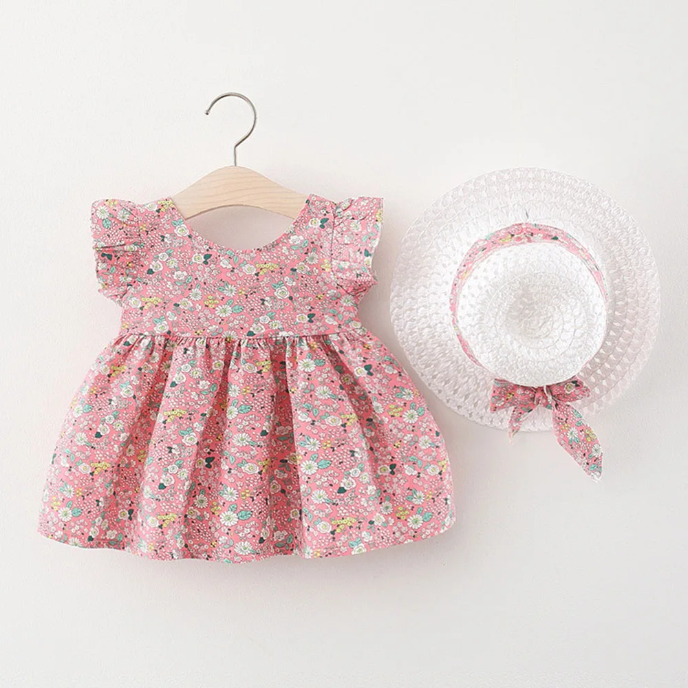 

Summer Sweet Print Sleeveless Cotton Beach Dress+Sunhat Newborn Baby Girls Dress Infant Girl Clothes Backless Princess Dresses