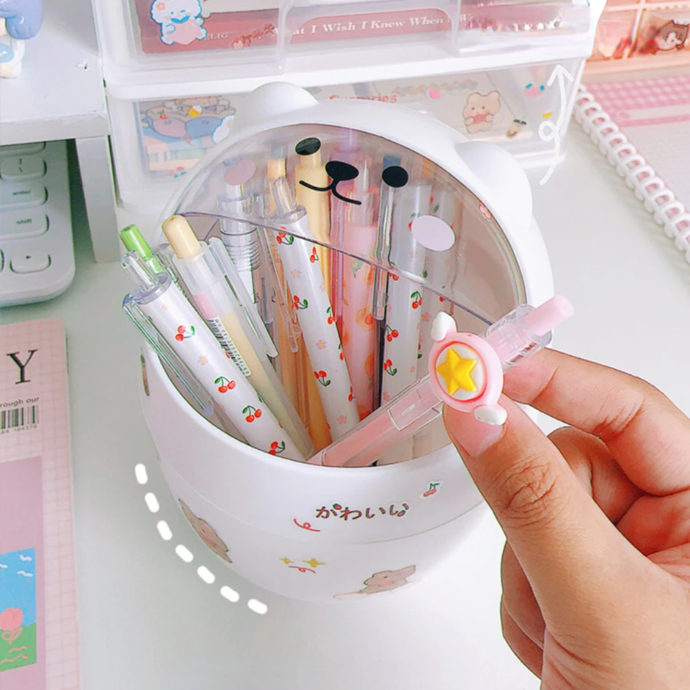

Desktop Cute Bear Mini Trash Can Storage Organizer Pens Holder for Desk Desk Organizer Plastic Kawaii Stationery Storage Bucket