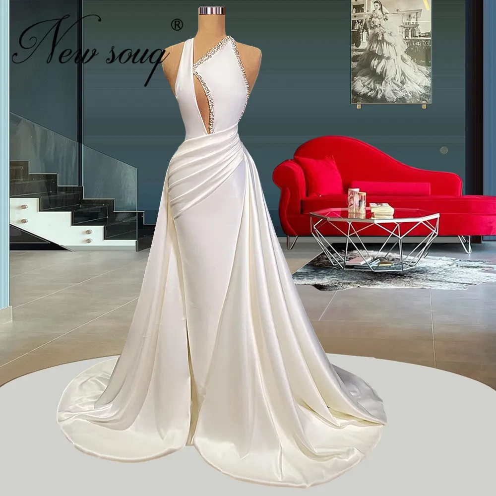 

Vestidos De Fiesta White Satin Evening Gowns Prom Dresses Pearls 2022 Customized Long Coutures Celebrity Dress Dubai Party Night