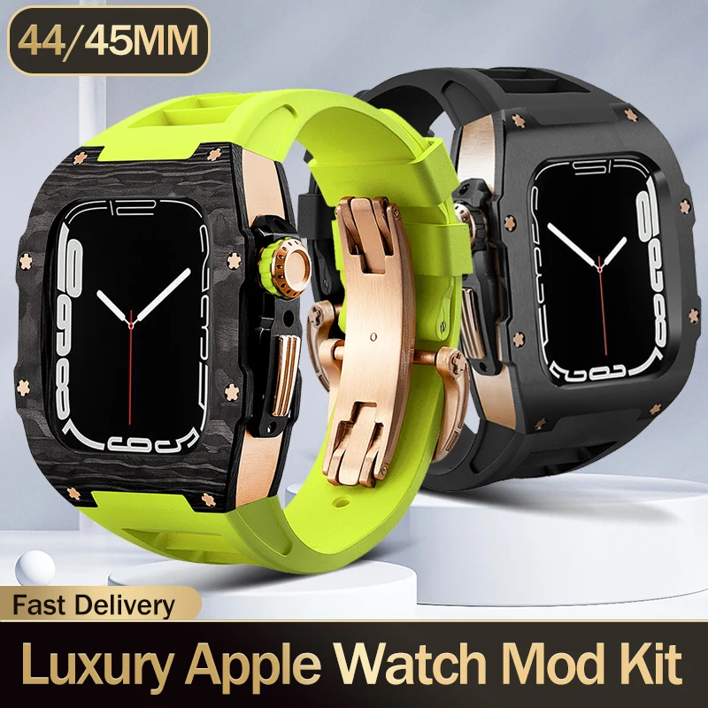 Luxury Carbon Fiber Modification Kit For Apple Watch 8 7 45mm Fluorine Rubber Strap Titanium Alloy Case for iWatch 6 5 4 SE 44mm