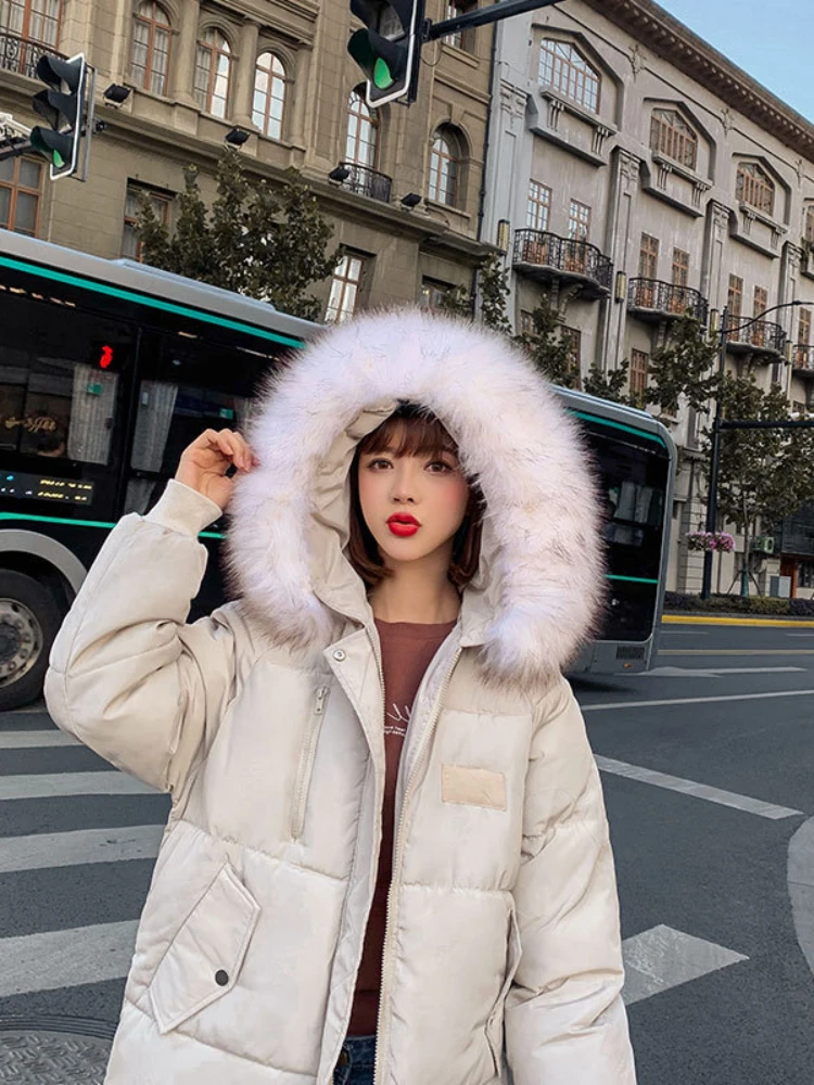 2023 Winter New Cotton-padded Jacket Medium Length Style Parkas Loose Heavy Hair Collar Cute Bread Style Women's Winter Clothes