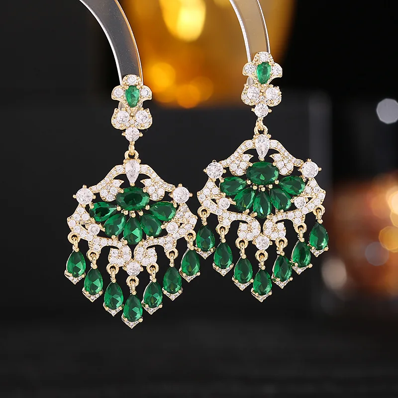 

New luxury style high-end banquet earrings colored zircon flowers drops tassel wedding fine jewelry