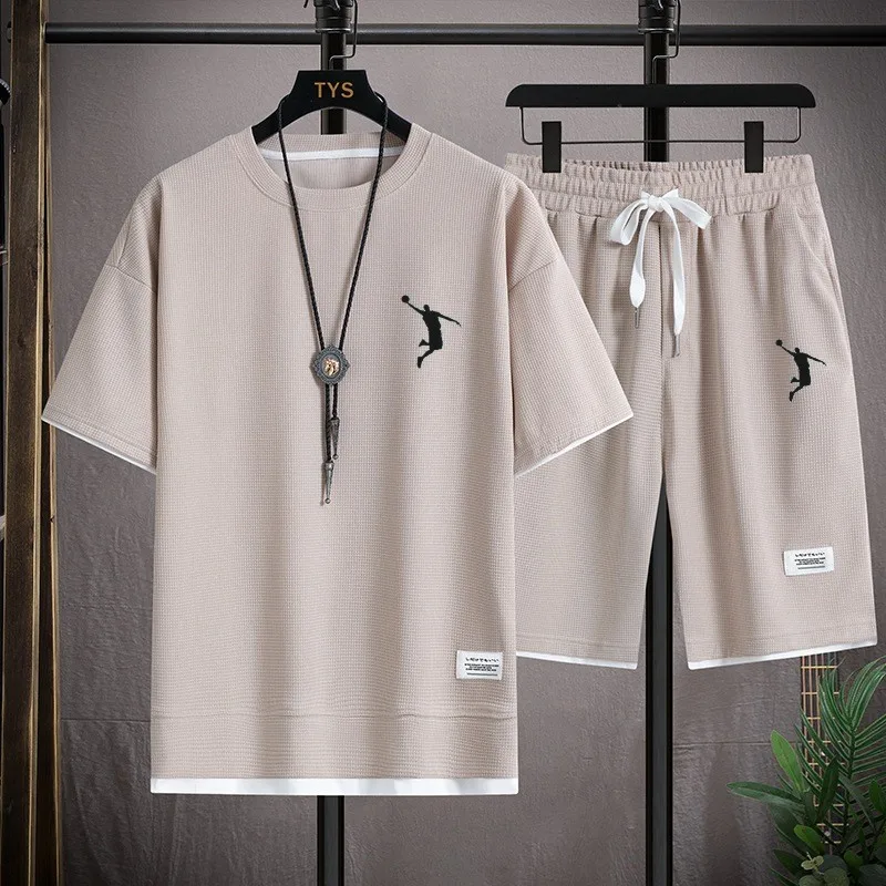 

Summer new men's sports suit Linen Fabric T-shirt and shorts two-piece men's sports suit fashion breathable suit