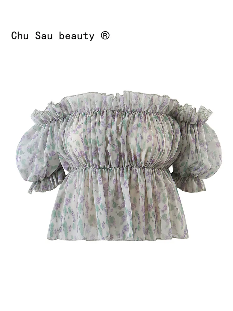 

Women Summer Crop Tops 2022 New Japanese Cute Sweet Chiffon Printed Puff Sleeve One-Shoulder Short Blouses Female Shirt