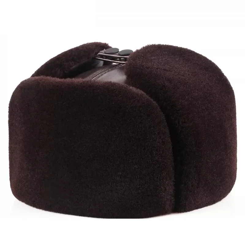 Men Winter Leather Fur Cap 100% Wool Cow Skin Thick Cold Proof Ear Head Warm Fleece Fishing Bomber Hat Male Daddy Christmas Gift