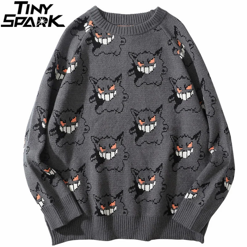 

2023 Men Knitted Sweater ip op Streetwear Dark Style Devil Print Pullover arajuku Cotton Loose Sweater Autumn Pullover ray