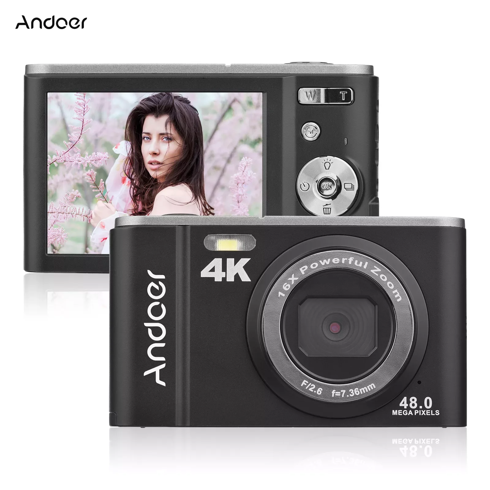 

Andoer Mini Digital Camera 48MP 4K 16X Zoom Self-Timer 128GB Extended Memory Face Detection Anti-shaking Built-in Batteries