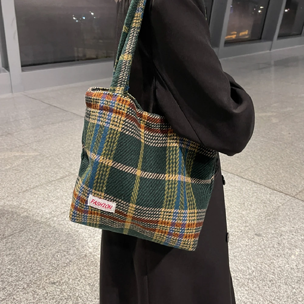 

Plaid Women Simple Shoulder Bag Soft Woolen Canvas Handbag Large Capacity Cotton Tote Sanded Canvas Bags For Girls Shopping Bag