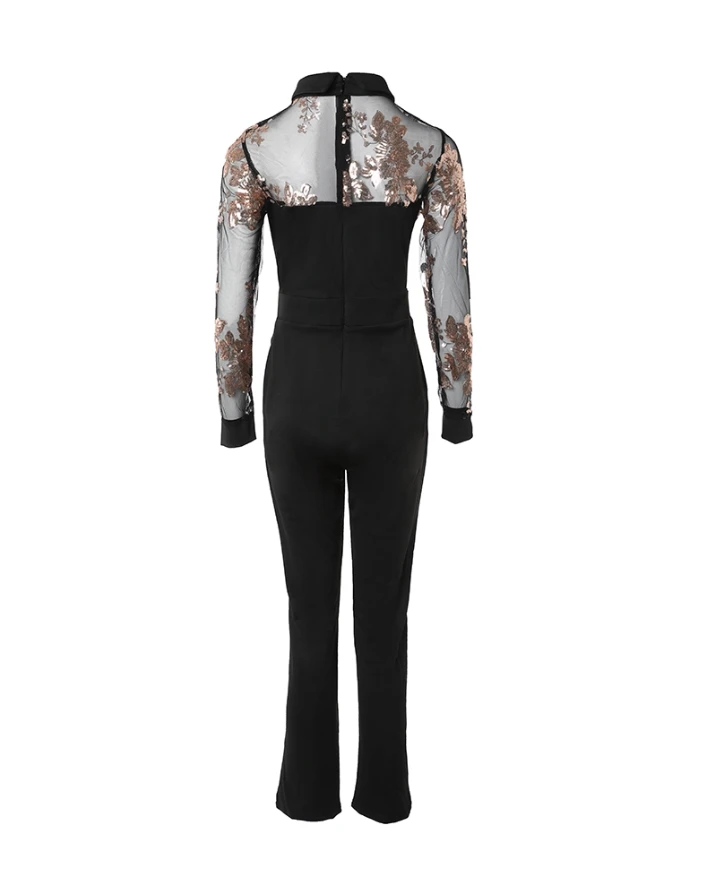Contrast Sequin Sheer Mesh Jumpsuit for Women Long Sleeve Casual Rompers Lady Clothing Fashion New