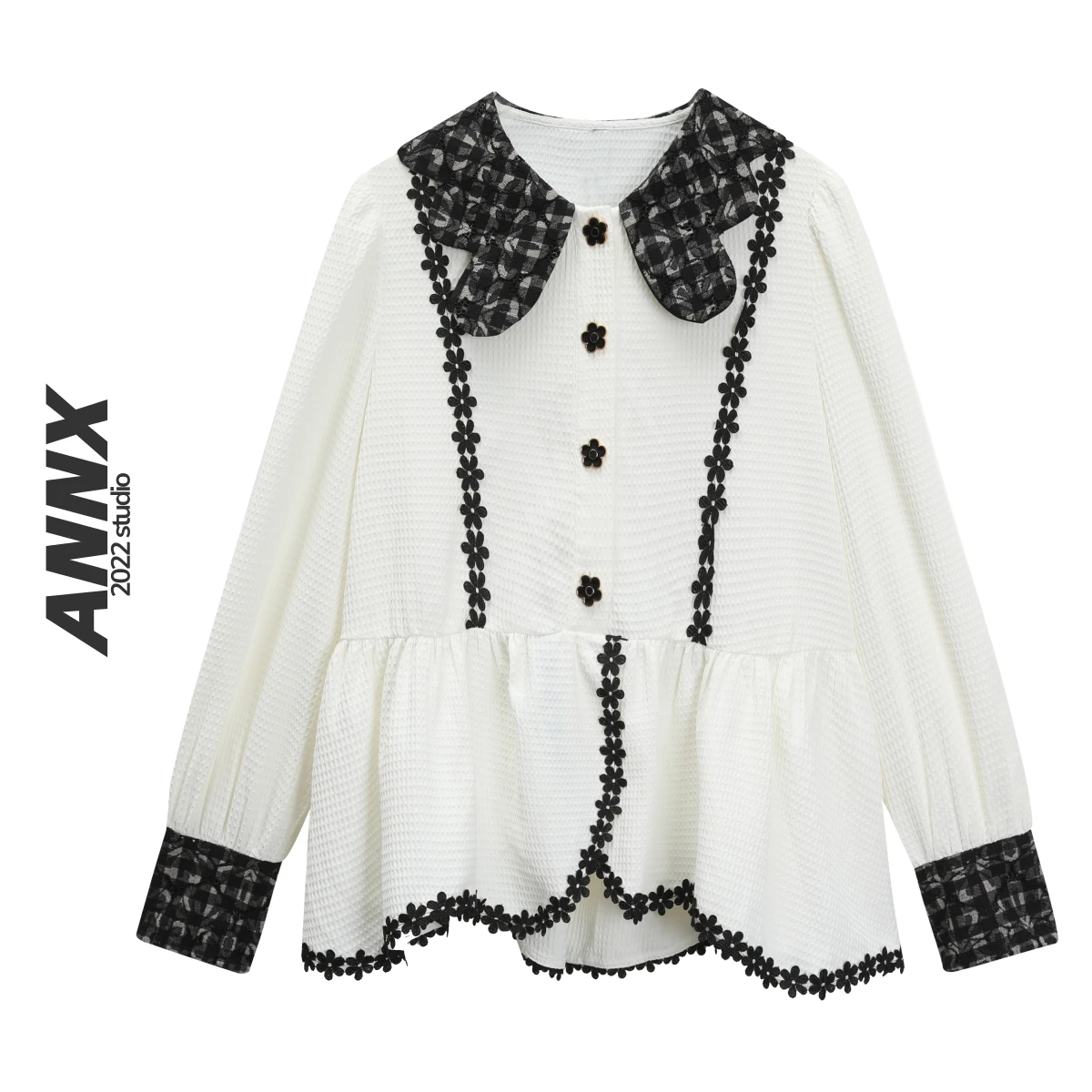 

VANOVICH 2022 Autumn New Vintage Sweet Patchwork Lace Shirt Contrast Color Peter Pan Collar Single Breasted Long Sleeve Shirt