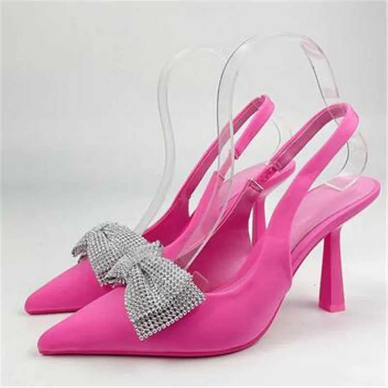 

Women's High Heel Shoes Autumn Large Size 43 Shiny Luxury Rhinestone Pumps Female Bow Decoration Mules Pointed Toe Lady Heels