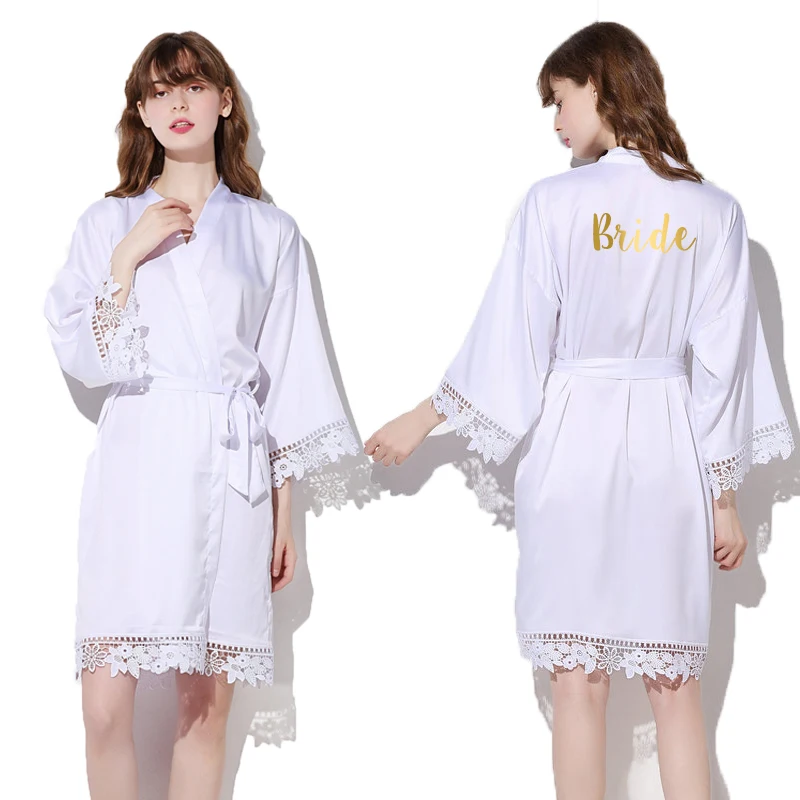 Women New Bride Bridesmaid Robe Silky Matt Satin Lace Bridal Robes Wedding Gift Bathrobe Kimono Sleepwear Navy