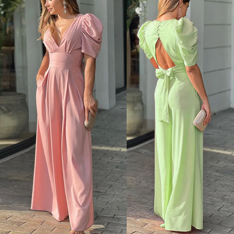

2022 Summer Backless Playsuit Sexy Women Black Cut Out Short Sleeve Romper Casual Wide Leg Jumpsuit Fashion