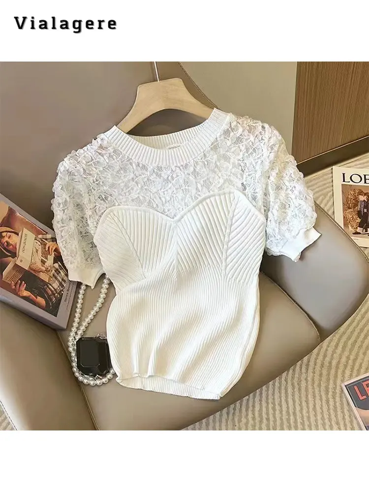 

Женская трикотажная футболка с круглым вырезом, белый Повседневный облегающий Топ составного кроя с пышными рукавами, лето 2023