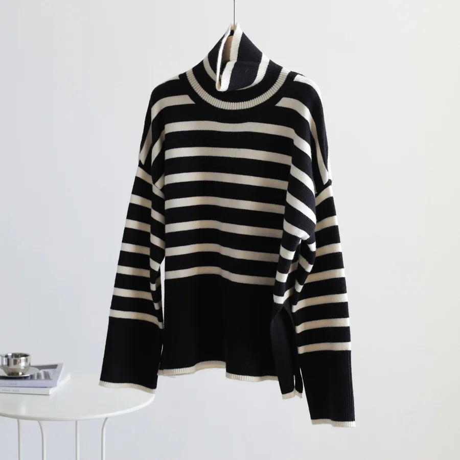

Striped Turtleneck Kintted Women Pullovers Autumn Winter Split Thick Jumpers Crochet Y2k Long Sleeve Sweater Jumper Cardigan