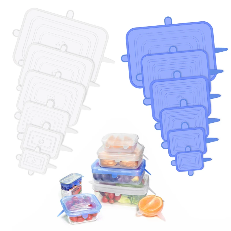 

6PCS Square Silicone Stretch Lid Kitchen Tool Accessories Reusable Food Packaging Sealed Lid Keeps Fresh Elastic Bowl Lid