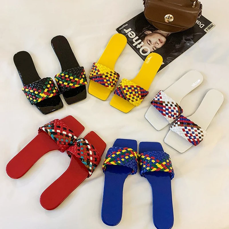 

2022 Women Braided Slippers Beach Candy Colors Charm Summer Open-toe Flat Slippers Large Size 42 Vacation Casual Women Shoes