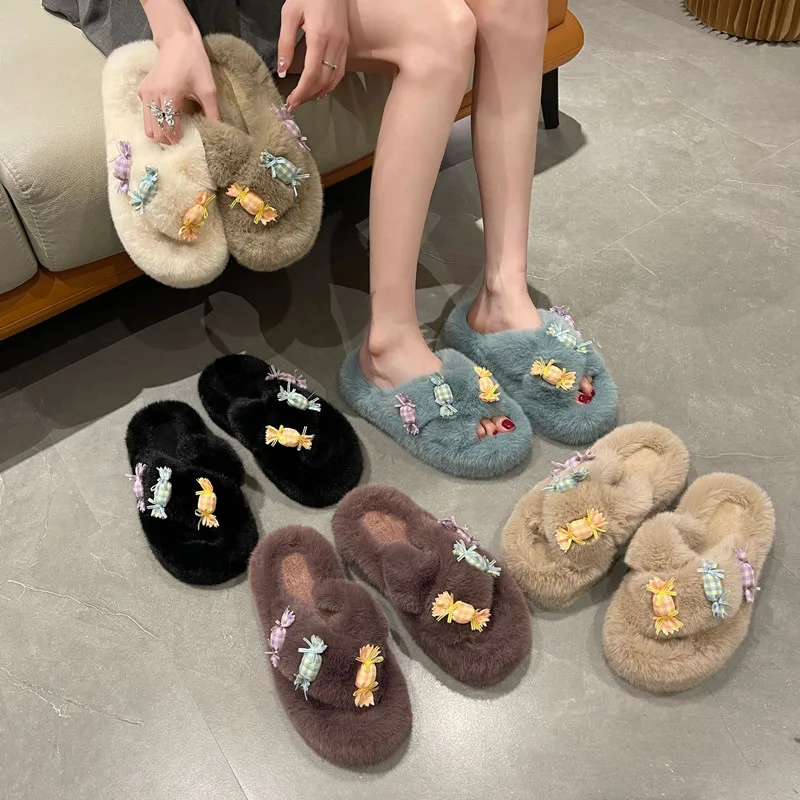 Open Toe Fluffy Slippers Women Winter Warm Flat Shoes Multicolored Faux Fur Outdoor Slippers Cross Plush Flip Flops Woman