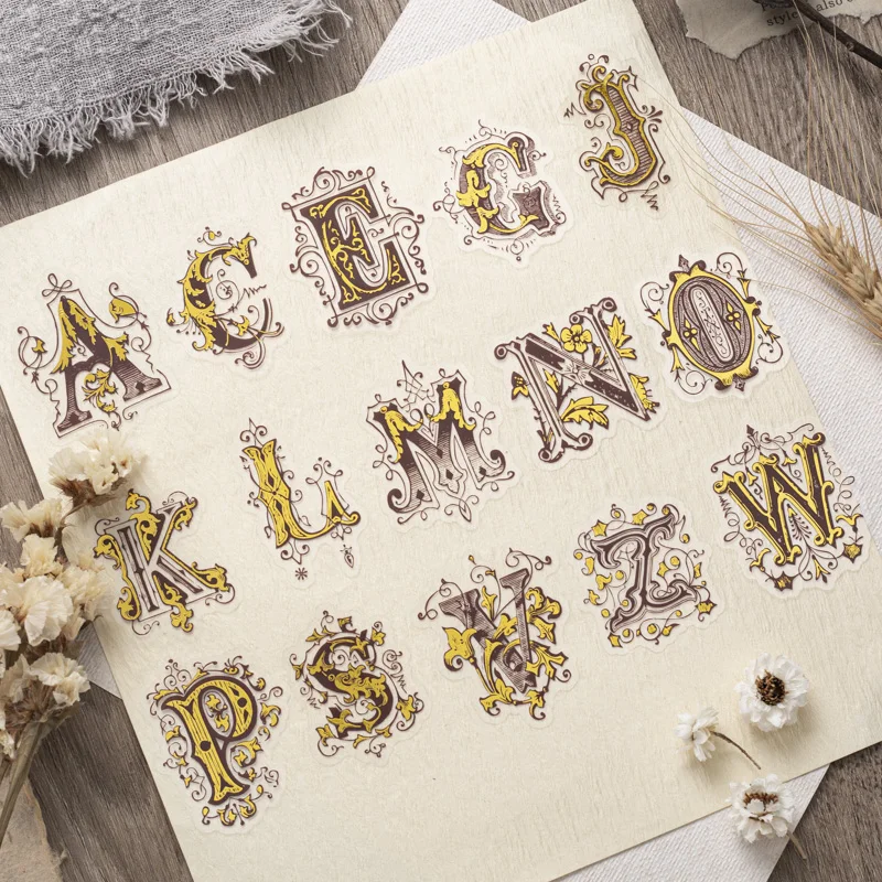 

30Pcs Per Pack Letter Bronzing Stickers Lace English letters Material Scrapbooking DIY flowers Retro Account 143*110mm