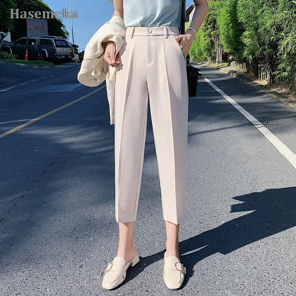 

Женские Костюмные брюки с высокой талией, офисные однотонные шаровары, женские брюки черного, бежевого цветов, новая женская одежда в Корей...