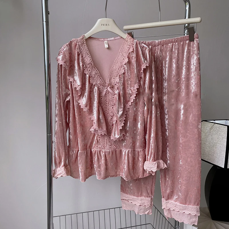 

Golden Velvet V Neck Ruffle Pajamas Sets Long Sleeves Nightwear Sleep Suit Pyjamas Solid Color Home Clothes Sleepwear 2Pcs