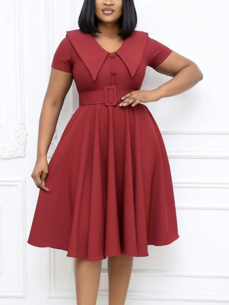 

Women Dress A Line Office Ladies Elegant Pleated with Waist Belt Short Sleeves High Waist Button Up Classy Modes African Female