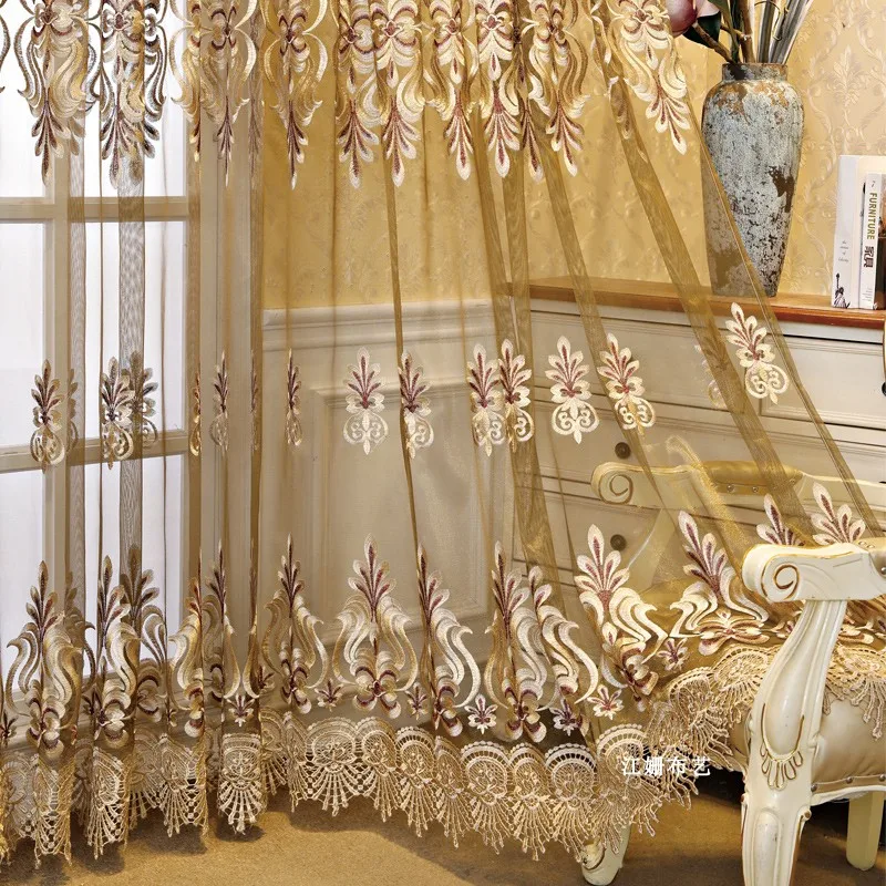 

Luxury European Style Sheer Curtains for Living Room Pastoral Rural Coffee Embroidered Floral Balcony Partition Drapes