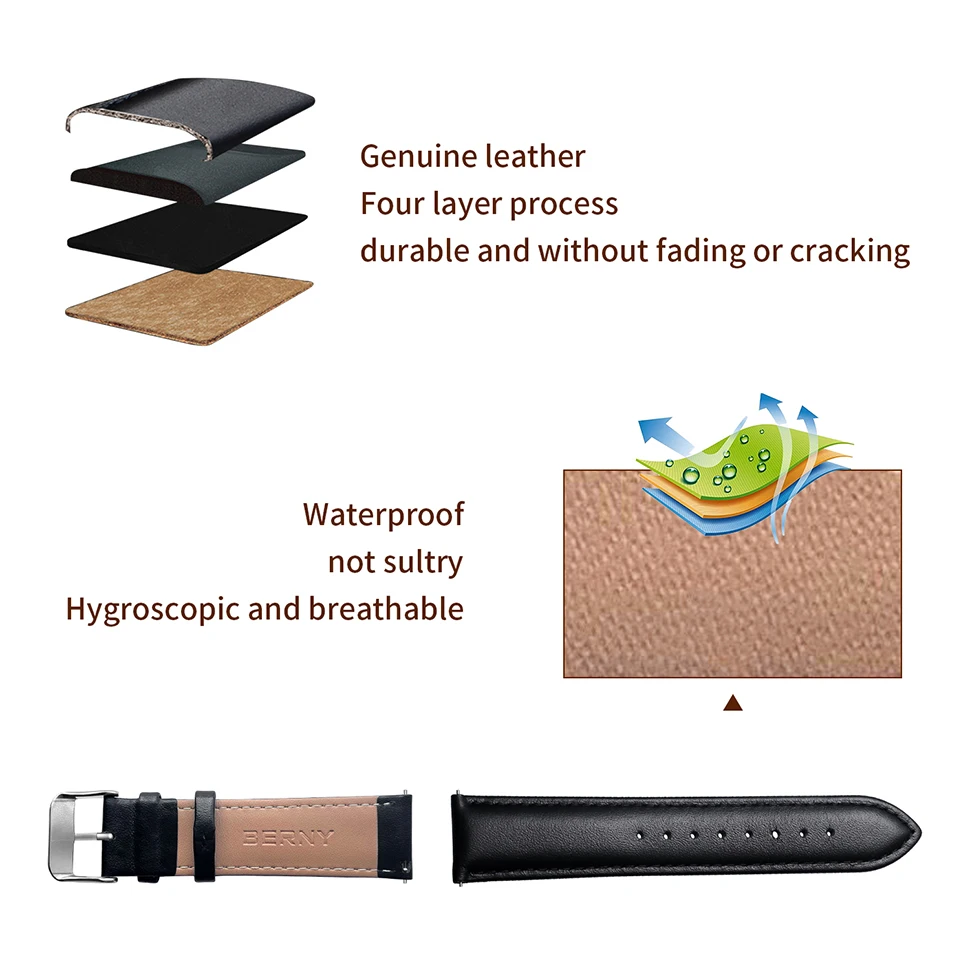 BERNY 100% Genuine Leather Watchbands 14/16/18/20/22mm Pin Grain Watch Strap Hygrosscopic and Breathable High Quality Watchbands
