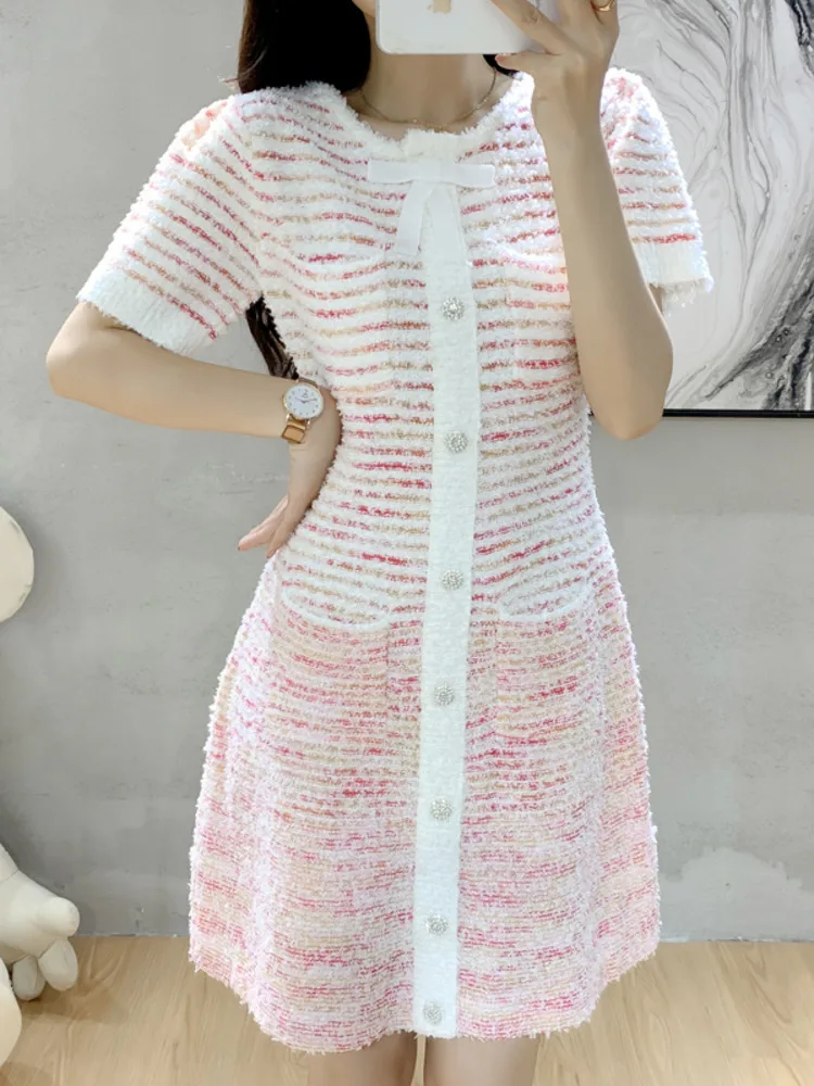 

High Quality Vintage Small Fragrance Knitted Sweater Dress Women Fashion Short Sleeve Elegant Chic Party Mini Dress Robe Femme