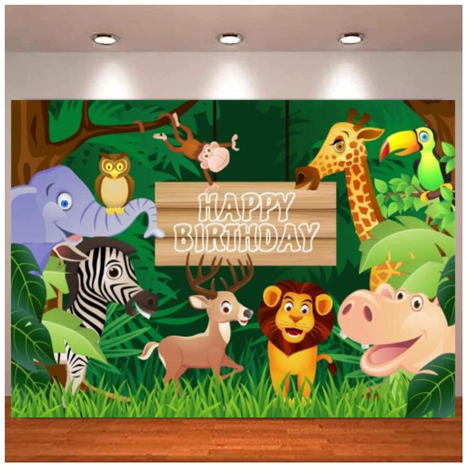 

Cartoon Safari Animals Photography Backdrop Happy Birthday Background Jungle Fauna Wildlife Zoo Themed Party Decor Photo Studio