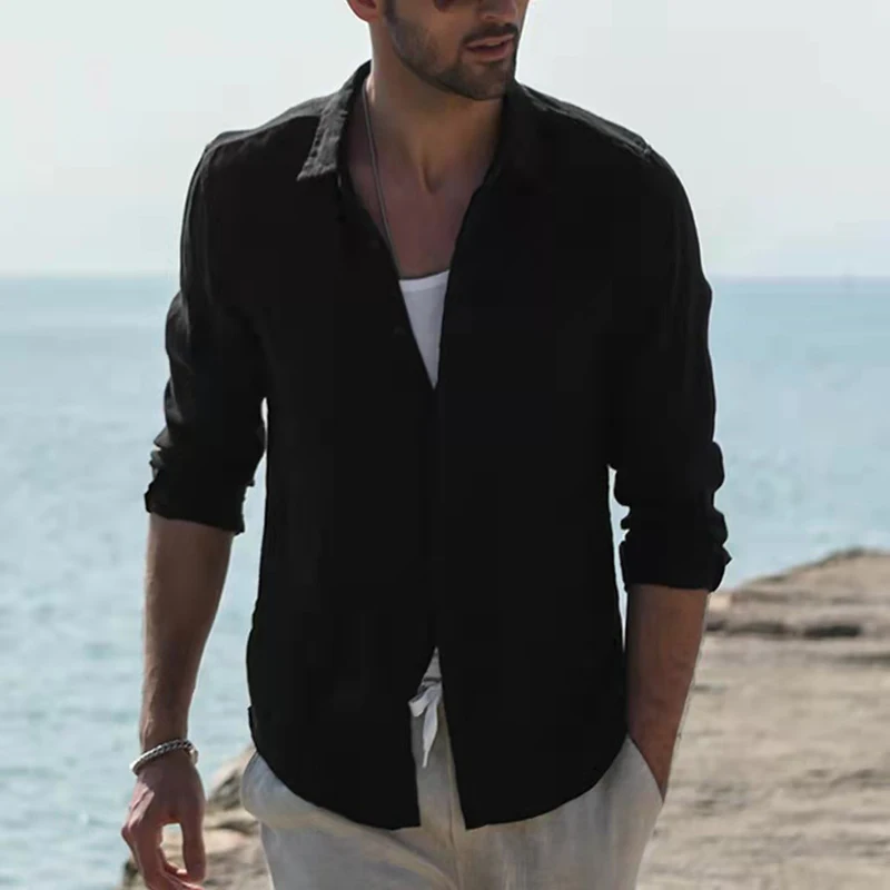 2022 Summer Solid Men Shirt Baggy Long Sleeve Button Hawaiian 100% Cotton Linen Shirt for Men Blouse Streetwear  T Shirt for